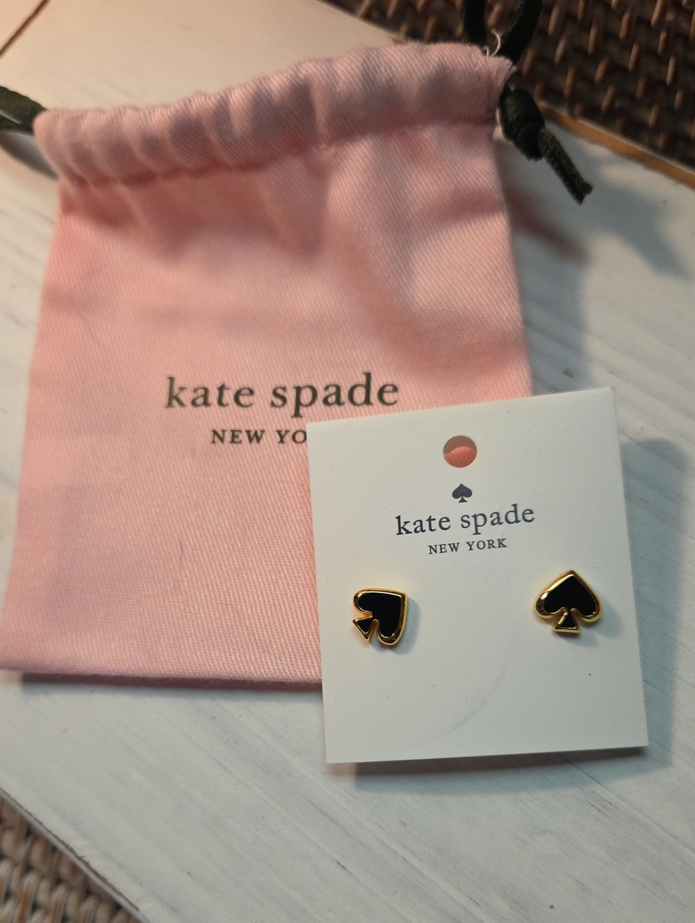 kate spade Black and Gold  Spade Stud Earrings with Pink Pouch
